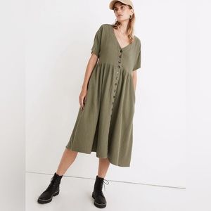 Madewell Lightspun Button-Front Midi Dress, Green/Brown, L